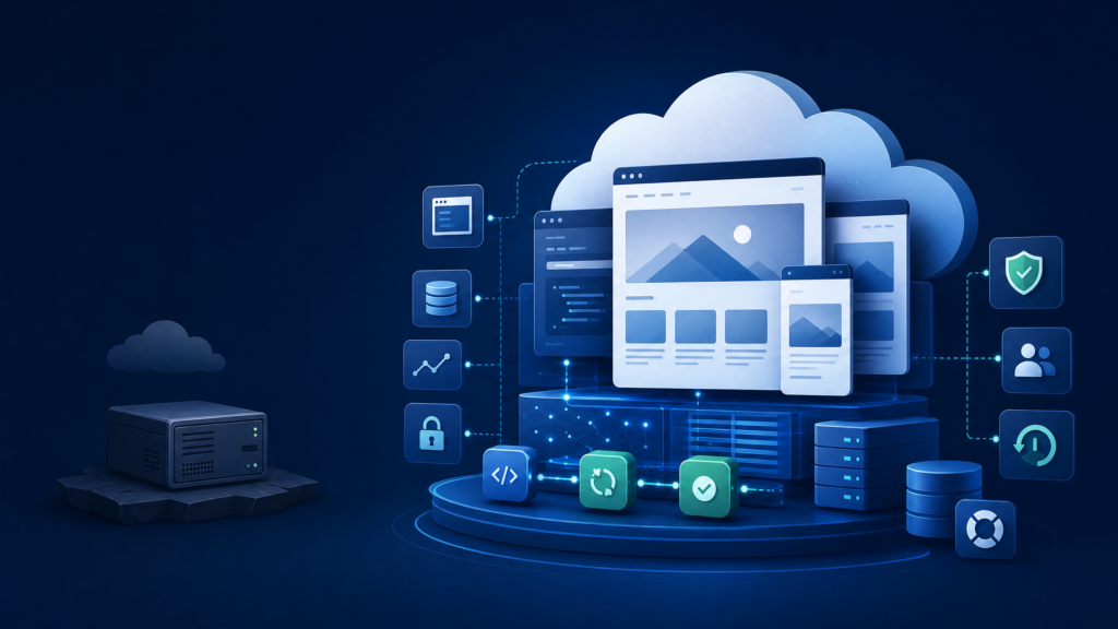 WordPress Hosting Is Cheap. WordPress Operations Are Not. 3 Abstract illustration of WordPress hosting costs versus operational continuity with cloud, backups, staging, monitoring, and security elements