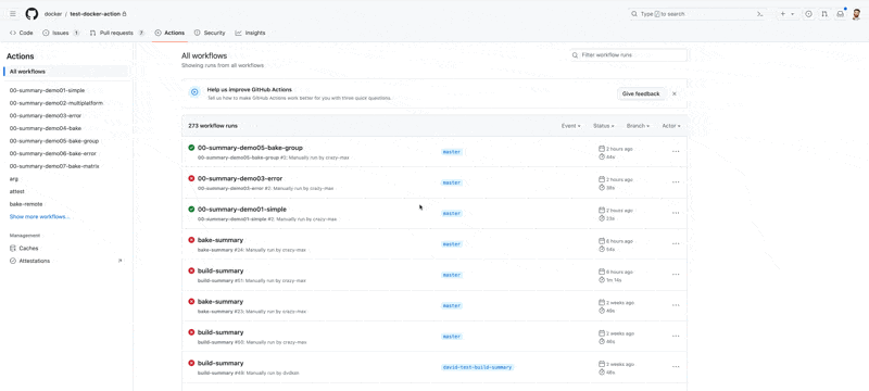 - F1 Docker Build job summary Animated view of Docker Build Summary in GitHub Actions, showing Preview, Build inputs, All workflows, Annotations, and more.