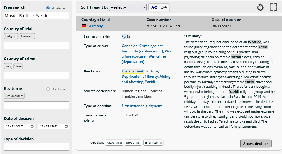 National jurisprudence database on core international crimes