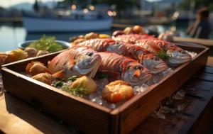 Fresh fish put on ice in a wooden tray