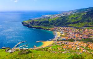 Madeira island from the air, Machico bay, travel beautiful places in Portugal islands