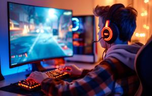 Teenage boy wearing big headphones playing racing game at home. Young teen kid playing videogame on his desktop computer