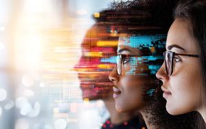 The image depicts 3 female faces in profile position, parallel to each other, and in a diagonal sequence. The facces look into a beam of light.