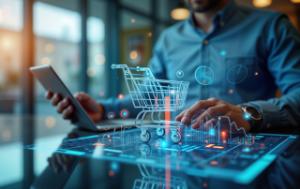 Consumer uses digital tablet to manage ecommerce marketplace. Interacts with virtual shopping cart, sales data. Plan for retail expansion, online store growth underway. Business tech key for