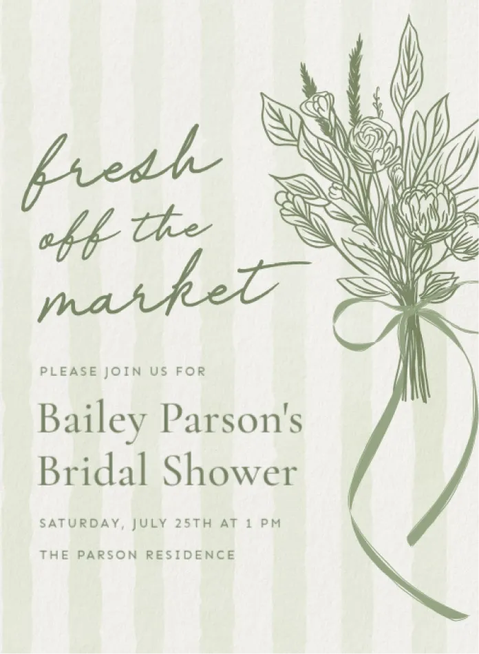 Bridal shower invitation template with a botanical illustration on a striped background.