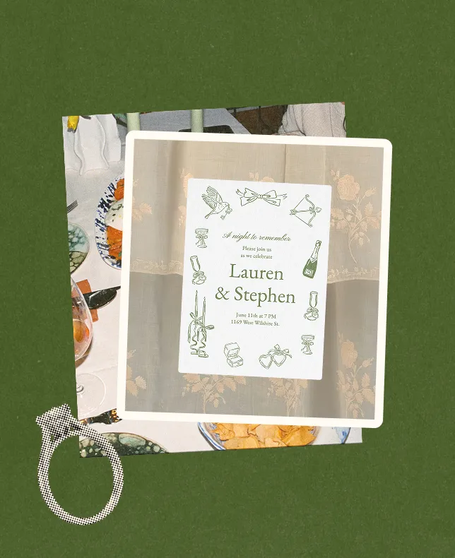 An engagement party invitation on a green background, surrounded by collaged photos and a diamond ring.