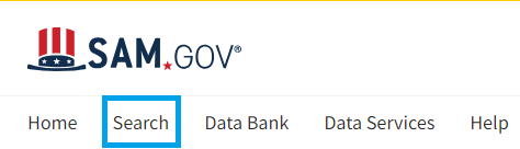 SAM.gov header menu with the search option outlined with a blue rectangle.