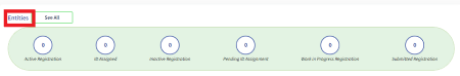 Screenshot of the "Entities" widget in the "Entity Information" section of the SAM.gov workspace. The screenshot displays the number of various entity statuses with the corresponding number above in a white circle.
