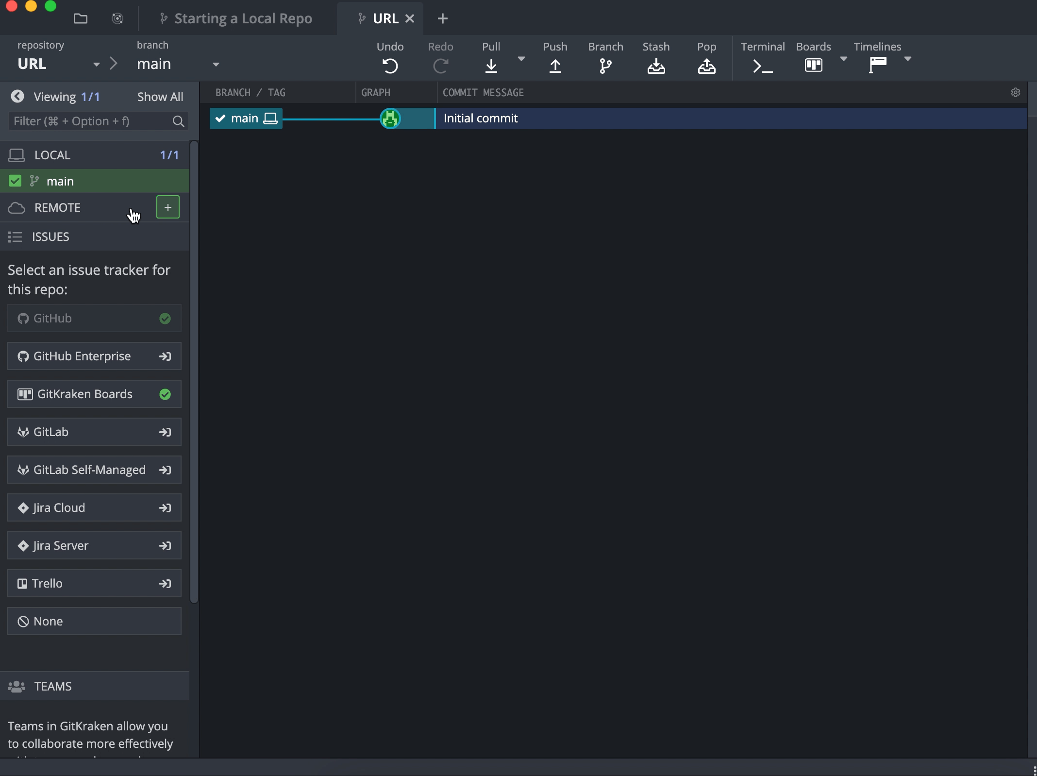 GitKraken Desktop interface showing how to add a remote repository using the URL option. The “Add Remote” panel is selected with the URL tab active. The remote is named “Adding-with-URL” and the Pull URL field is filled with git@github.com:TristanTheLamb/Adding-with-URL.git. The Push URL field is automatically populated with the same URL. A green “Add Remote” button is at the bottom, ready to be clicked.