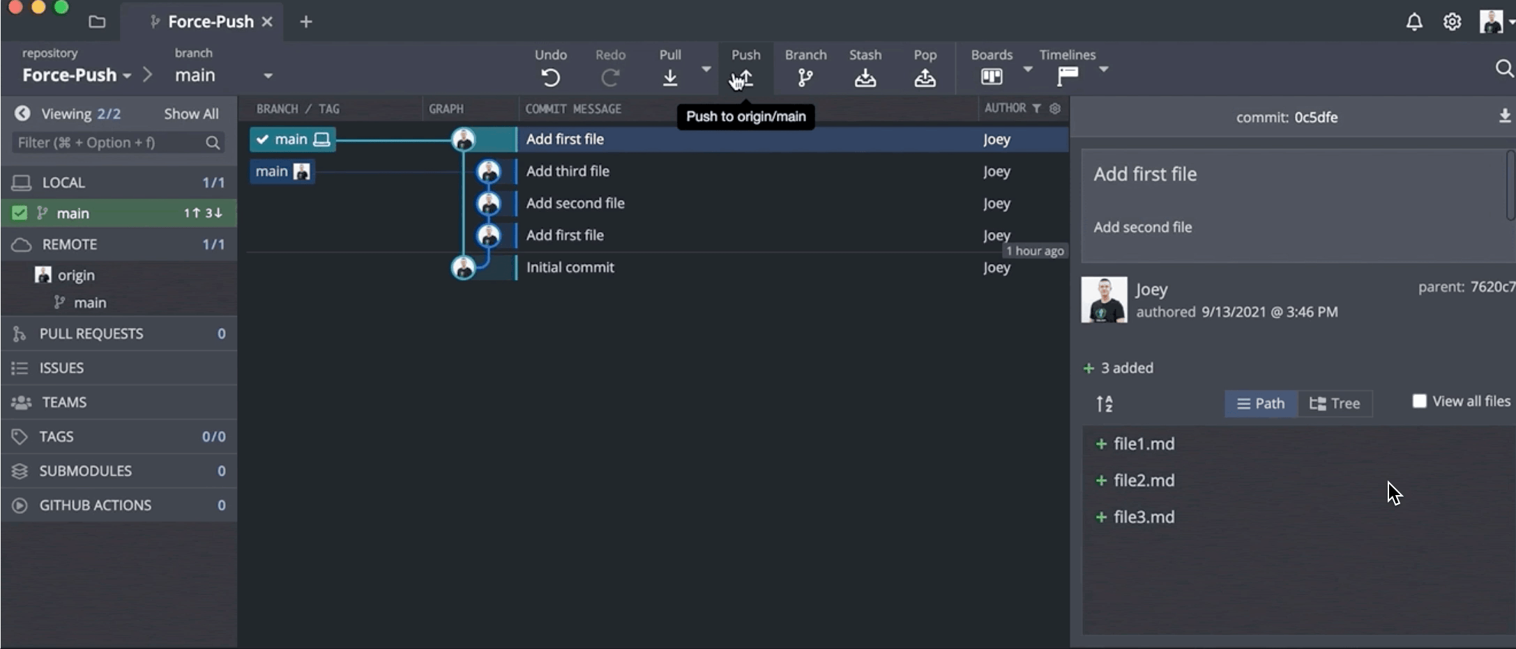 GitKraken Desktop UI showing a force push scenario. A warning states that refs/heads/main is behind refs/remotes/origin/main and prompts the user to update by pulling. The user clicks the red “Force Push” button. The commit graph displays diverging local commits, with the right pane showing the selected commit that adds file1.md, file2.md, and file3.md.