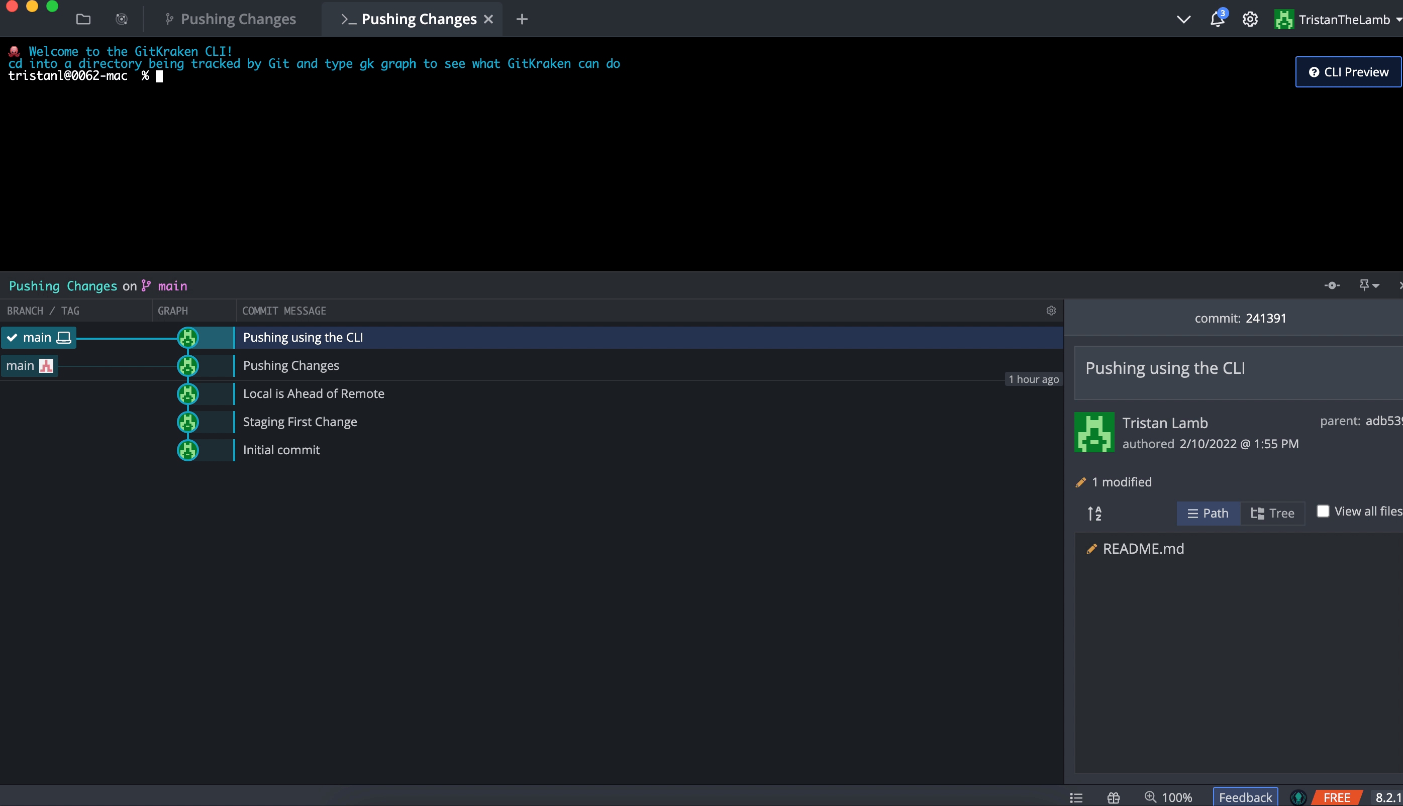GitKraken Desktop interface showing a terminal panel at the top where the git push origin main command is successfully executed. Below, the commit graph shows five commits on the main branch, including “Pushing using the CLI,” with the local and remote branches now aligned. The right panel displays details of the latest commit authored by Tristan Lamb.