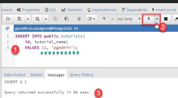 PostgreSQL Anweisung mit pgAdmin einfügen