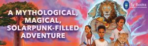 Background is an orange and purple sunset over a field with a baobab tree in the distance. Text on the left side of the graphic reads, "A MYTHOLOGICAL, MAGICAL, SOLARPUNK-FILLED ADVENTURE." To the right of the text is an illustration of the Egyptian god Apedemak, who looms over illustrations of the main characters in The Shadow Prince series, including main character Ash. Logo for Tu Books, an imprint of Lee & Low Books. Cover art copyright © 2025 by Hillary Wilson.