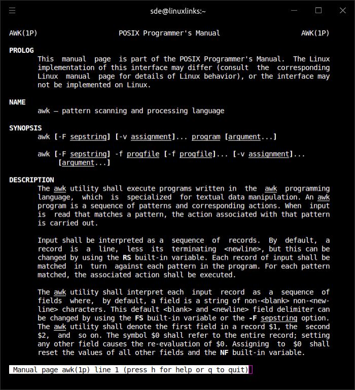 Man page for awk