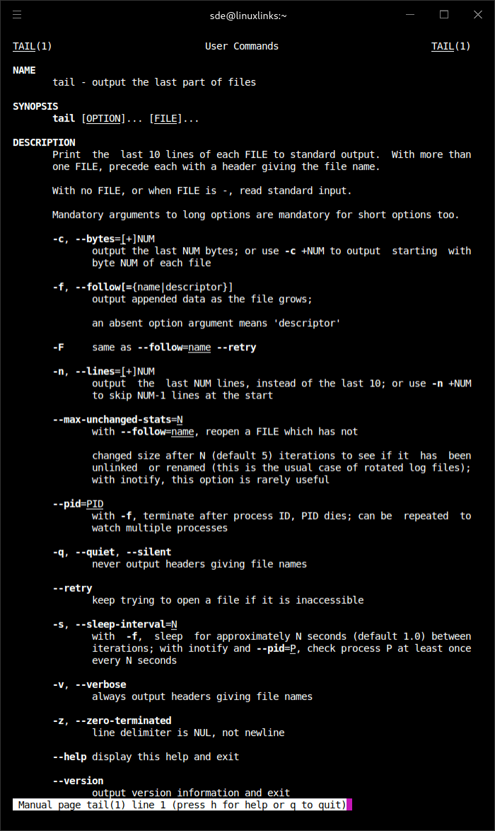 Man page for tail