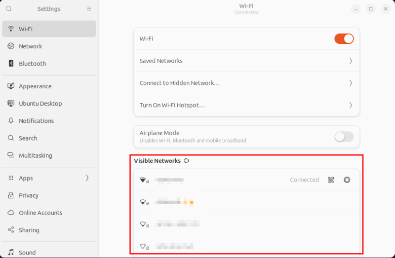 A screenshot highlighting the visible networks section of the Wi-Fi category.