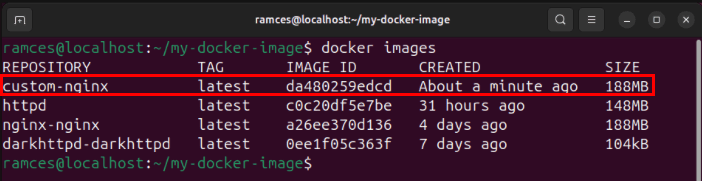 A terminal highlighting the custom image generated from the build subcommand.
