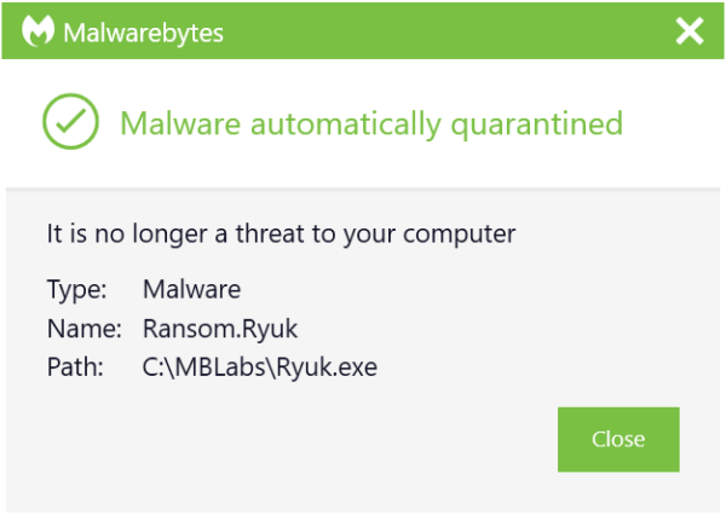 Malwarebytes bloqueando el ransomware Ryuk.