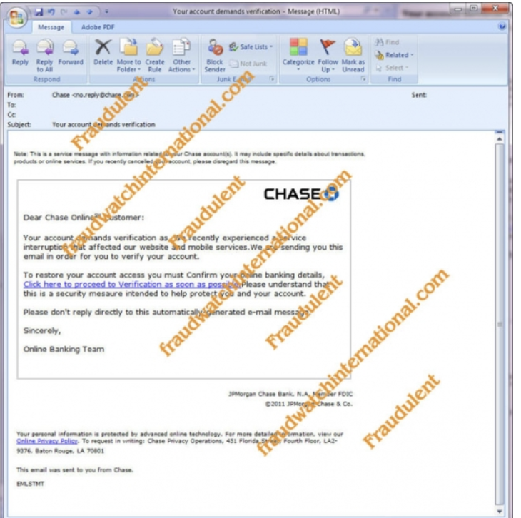 Bank phishing email example