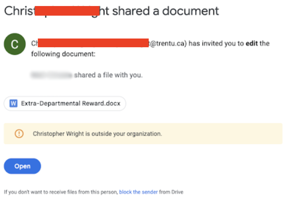 Google Docs phishing scam example - email screenshot