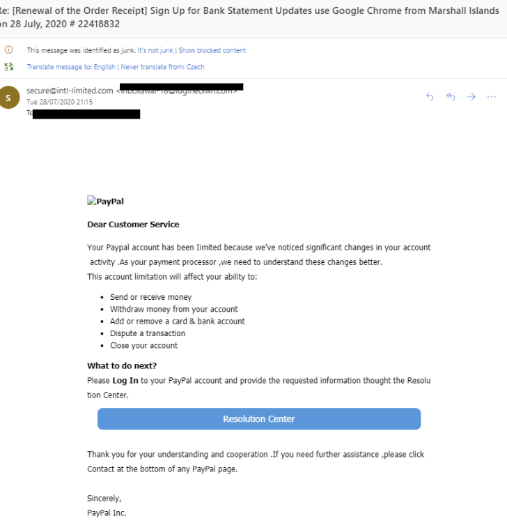 Paypal phishing email example - real Paypal scam email
