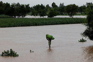 Ein Mann trägt einen großen Sack auf dem Kopf durch eine überflutete Landschaft.