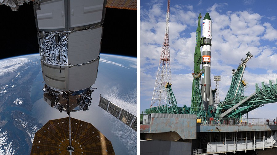 (From left) The Northrop Grumman Cygnus resupply ship and Russia's ISS Progress 78 cargo craft will depart and launch just hours apart on Tuesday.