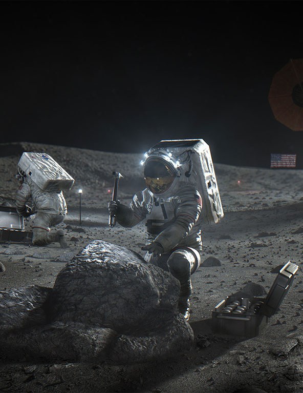 Artist Rendering of astronauts working on the Moon.