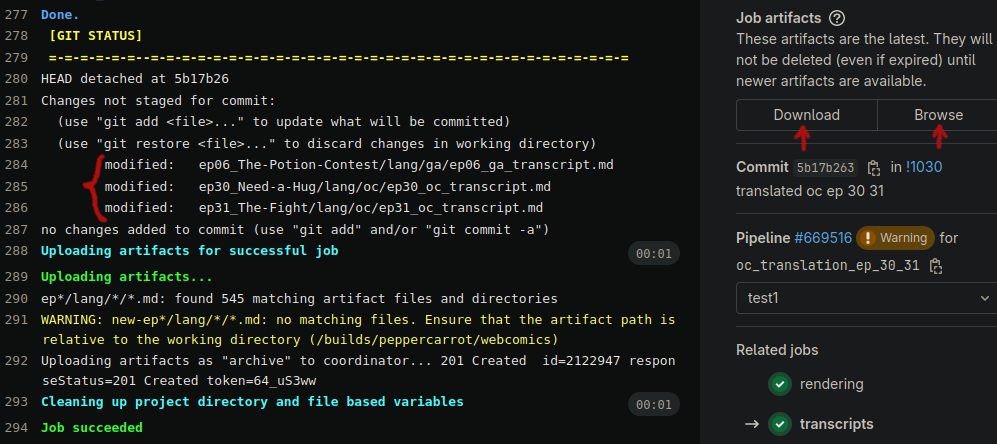 GitLab pipeline transcripts warning
