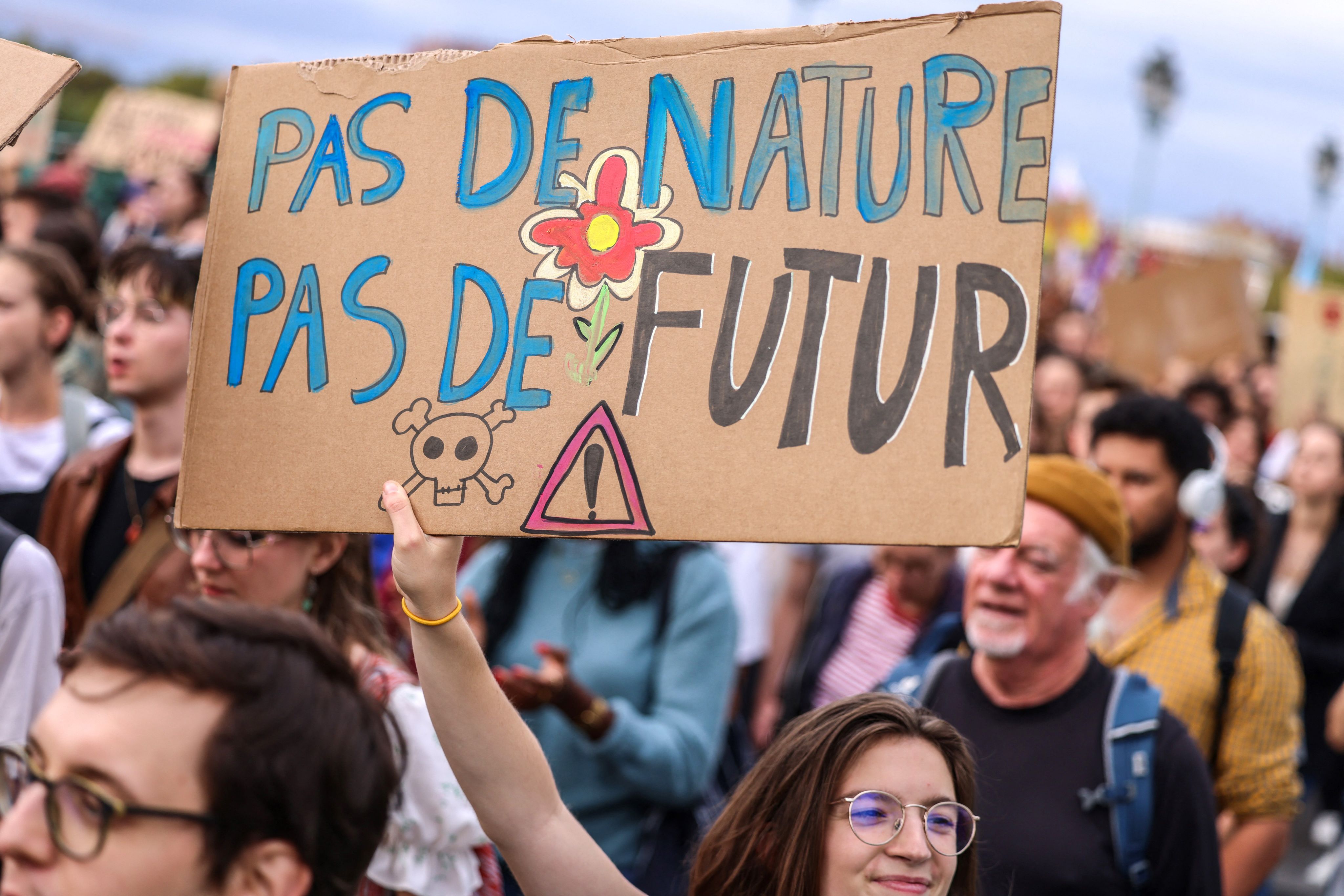 Une manifestante brandit une pancarte "pas de nature, pas de futur" lors d'une journée du mouvement "Friday's for Future" en 2022