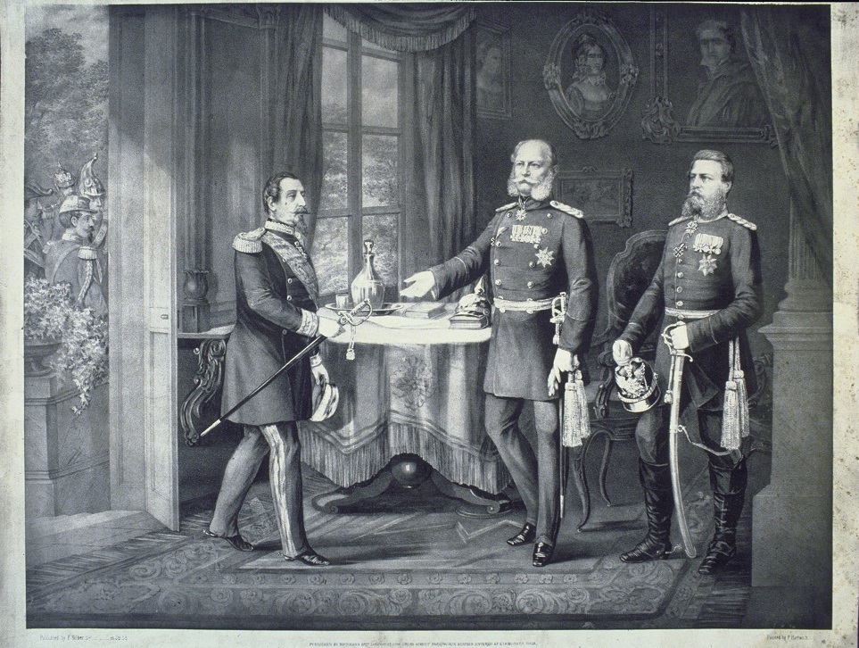Napoléon III remettant son épée à Guillaume Ier au château de Bellevue le 2 septembre 1870. Gravure d'après F. Hartwich