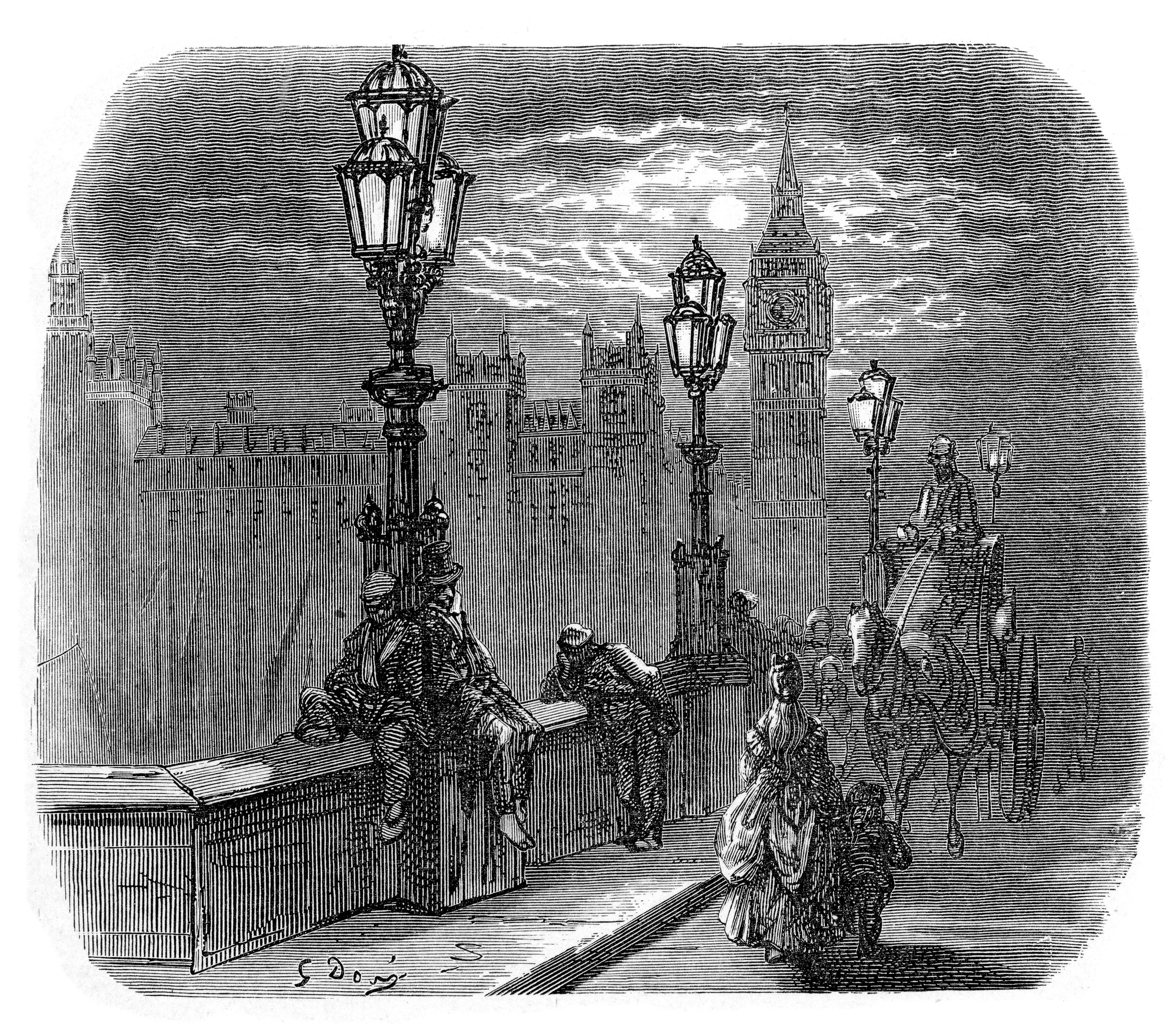 Une ancienne gravure de Londres au XIXème siècle, Victoria Embankment, la nuit avec des réverbères.