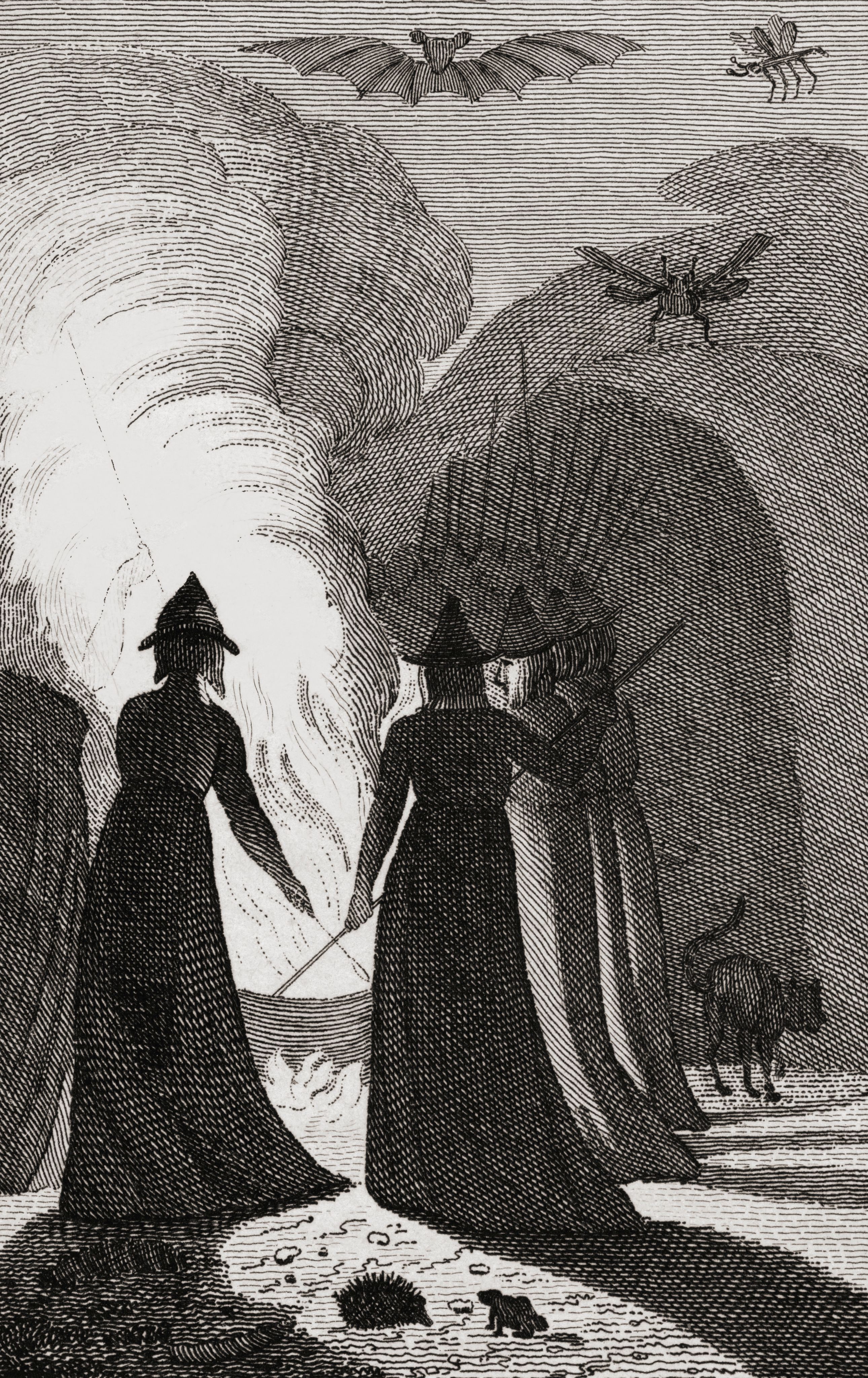 Sorcières autour d'un chaudron. D'après une illustration du 19e siècle pour les "Contes de Shakespeare" de Charles Lamb (édition de 1807).