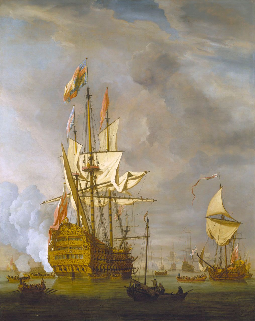 Le HMS Royal Sovereign, vaisseau de 100 canons lancé en 1701, saluant le yacht royal
