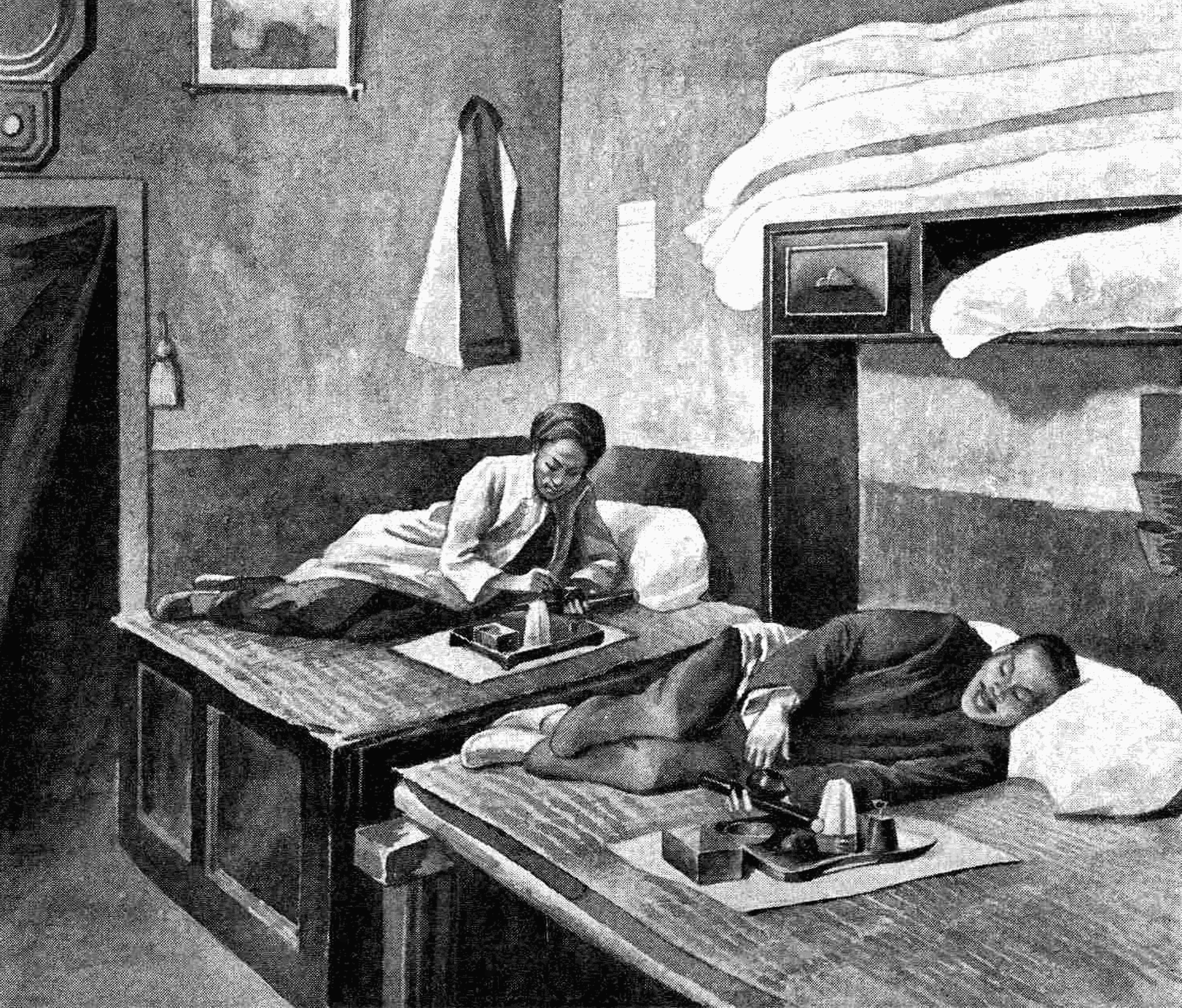 Représentation d'une fumerie d'Opium. "La guerre a transformé Saïgon en ville de tous les vices avec les fumeries d'Opium".