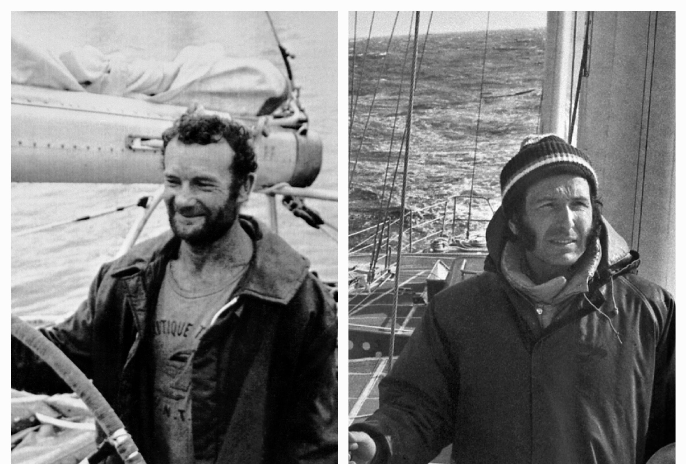 Eric Tabarly le 29 juin 1976 à bord de son Pen Duick VI ; Alain Colas à bord de son « Club Méditerranéen en septembre 1977;