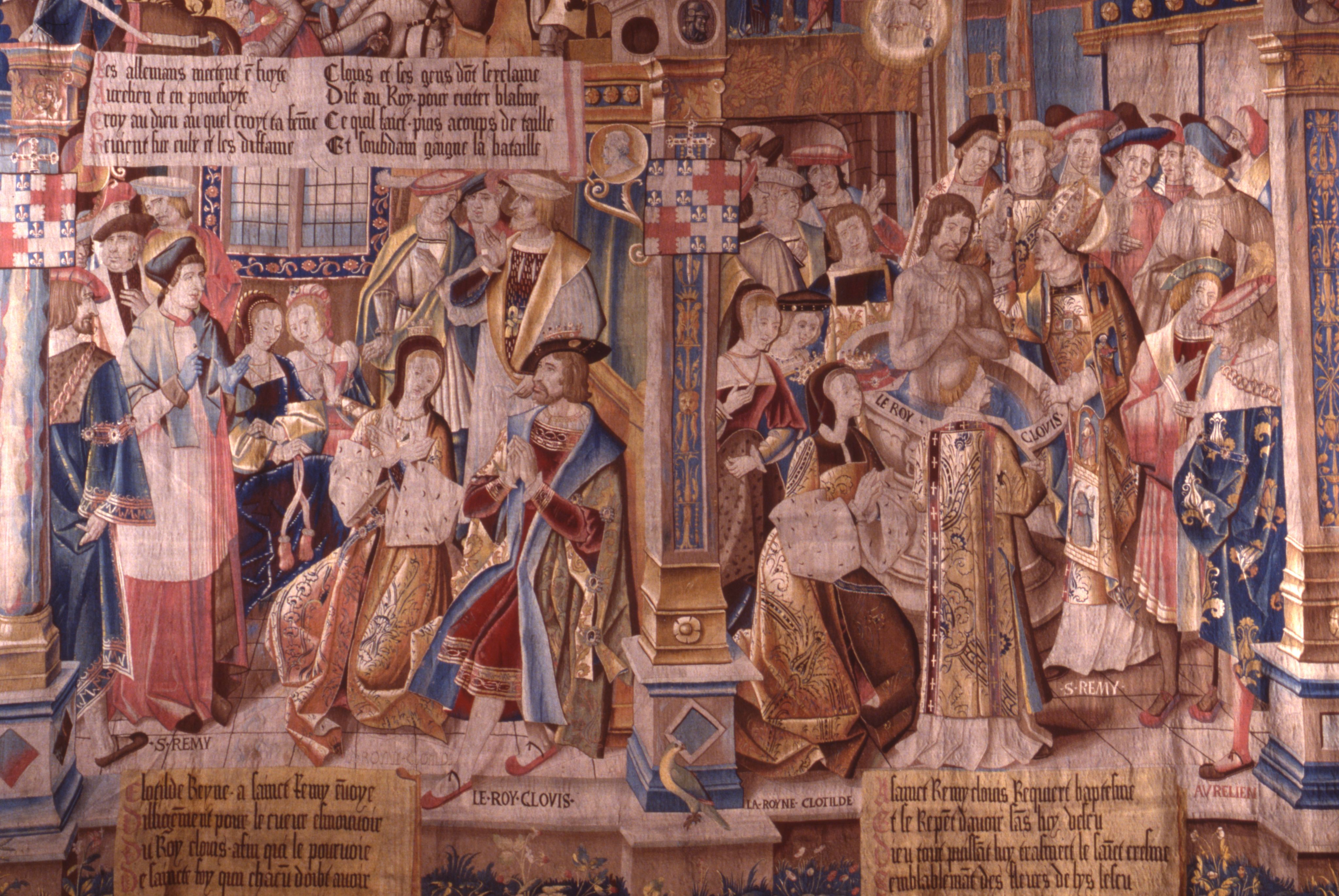 Tapisserie de la vie de Saint Rémi représentant le baptême de Clovis, au musée Saint-Rémi à Reims, dans la Marne, France.