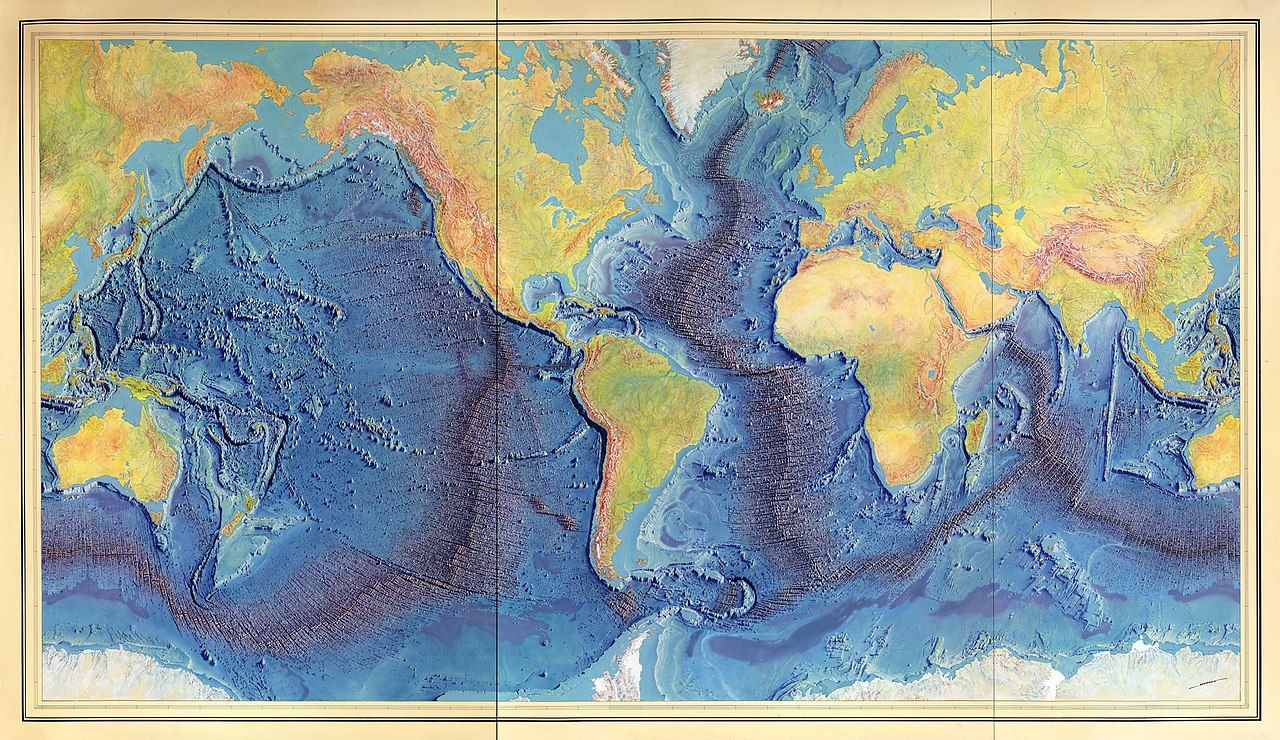 Peinture d'Heinrich C. Berann illustrant le fond des océans d'après Marie Tharp et Bruce C. Heezen (1977)
