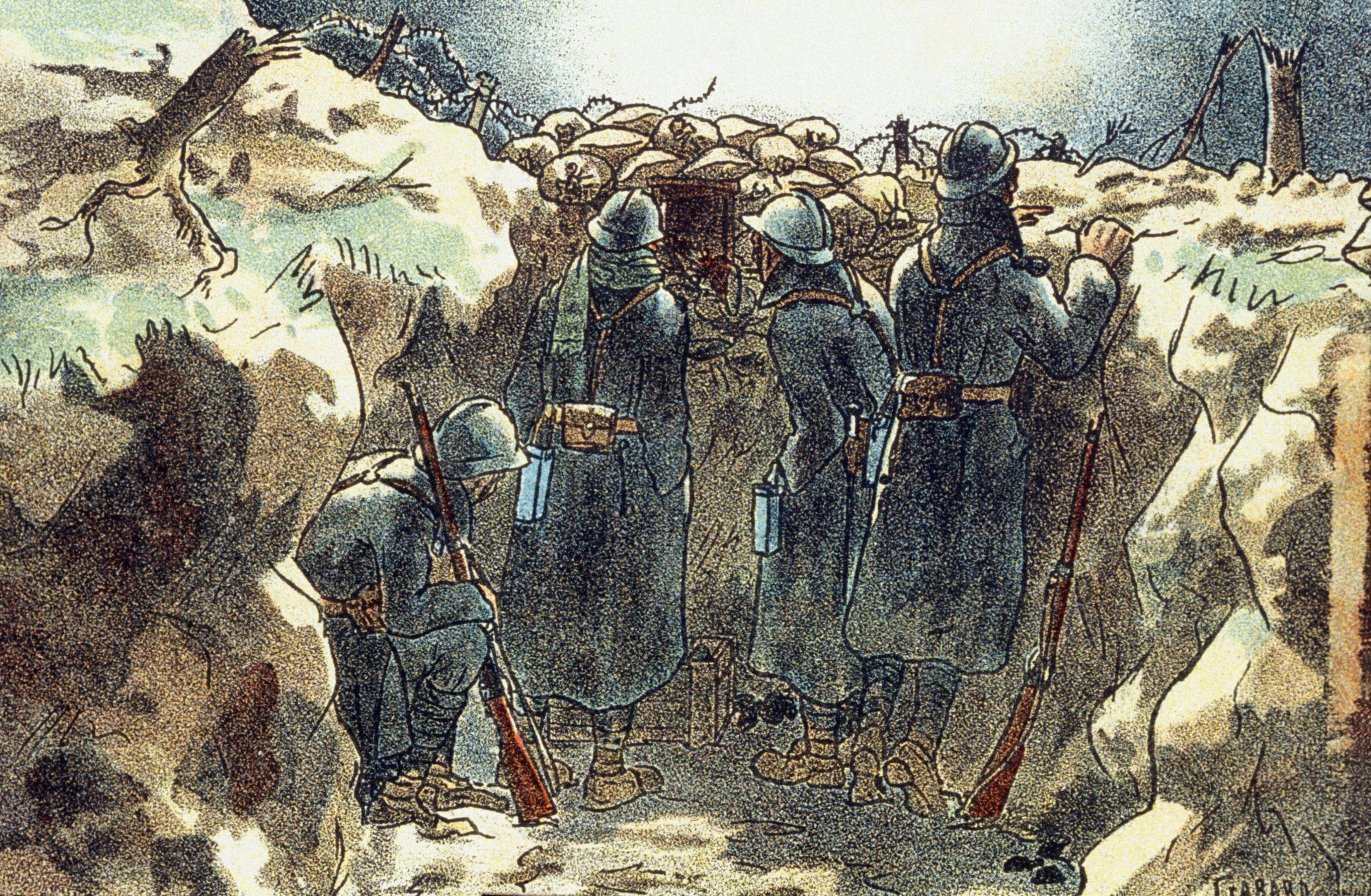 Illustration de soldats français dans les tranchées en France, 1914