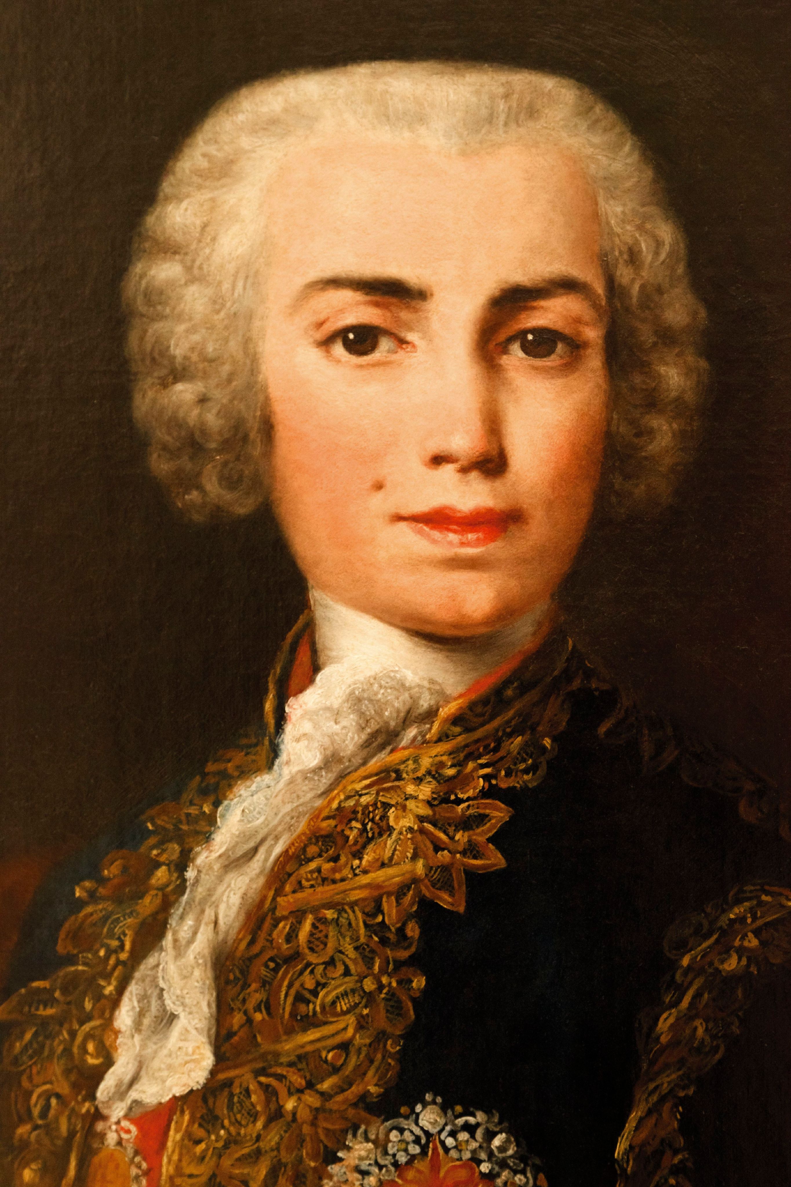 Farinelli, nom de scène du castrat italien et célèbre chanteur d’opéra Carlo Maria Broschi (1705-1782). D’après un portrait de Jacopo Amigoni conservé au Museo de la Real Academia de Bellas Artes de San Fernando, Madrid, Espagne.