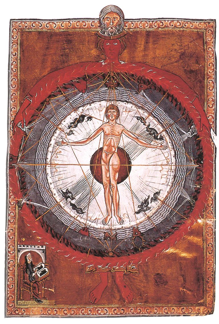 Illustration de L'Homme Universel, la troisième vision du "Liber Divinorum Operum" de Sainte Hildegarde de Bingen, 1165. Copie du XIIIe siècle