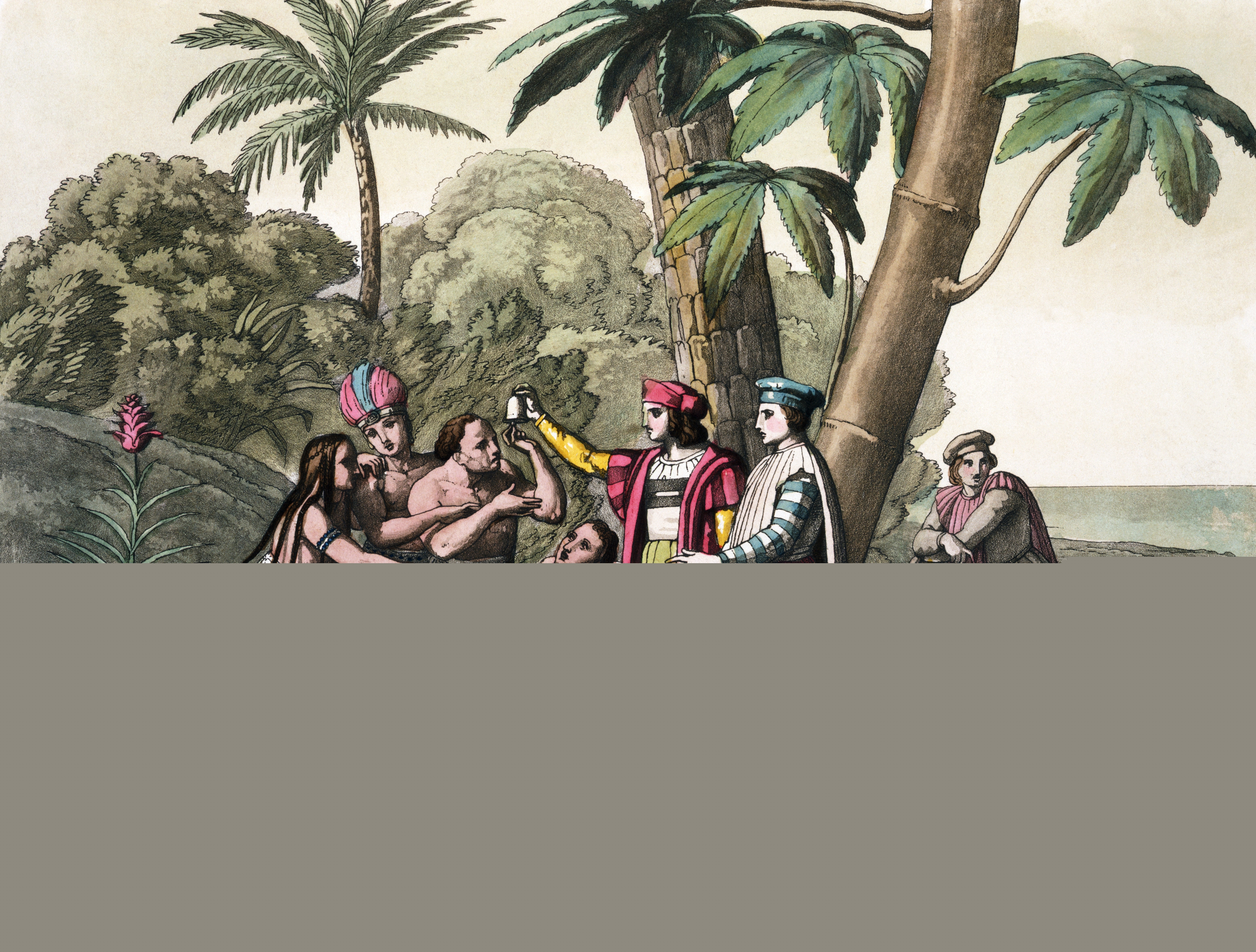 Gravure de Christophe Colomb découvrant l'Amérique.