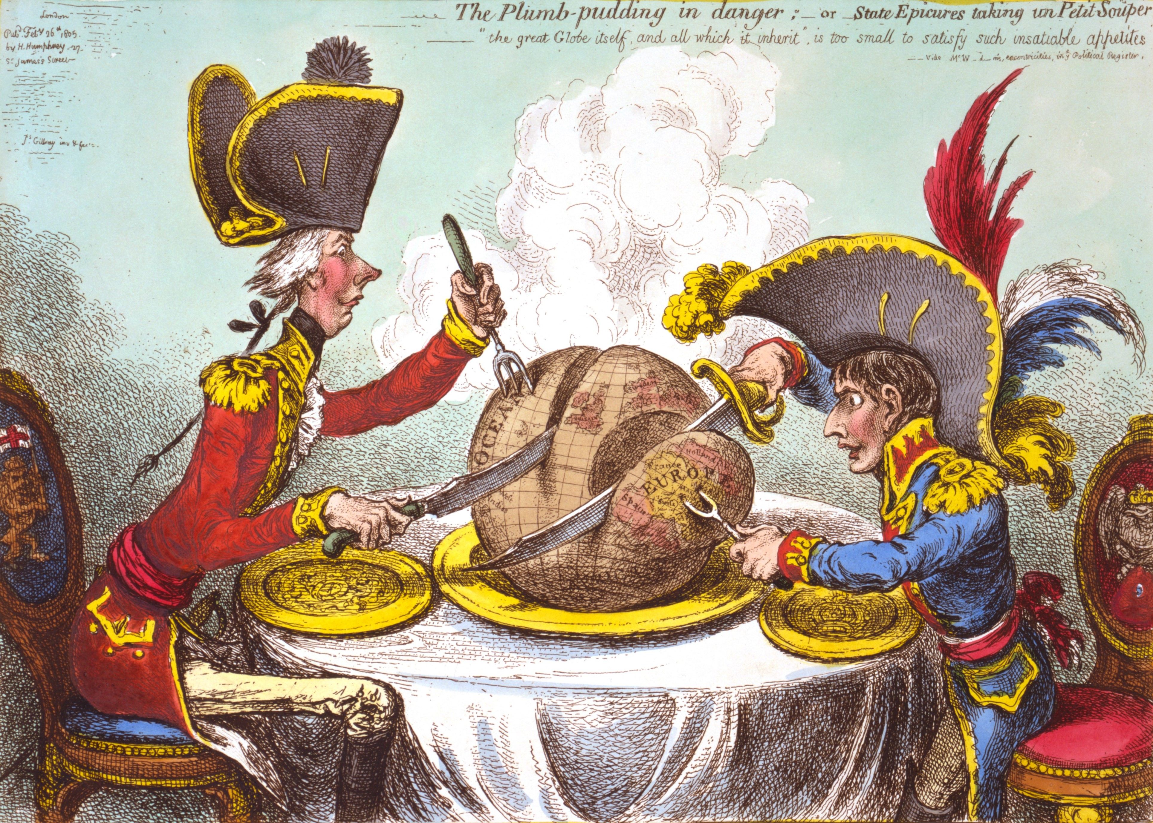 "The Plumb-pudding in danger, or, State epicures taking un petit souper", caricature de James Gillray, 1805.