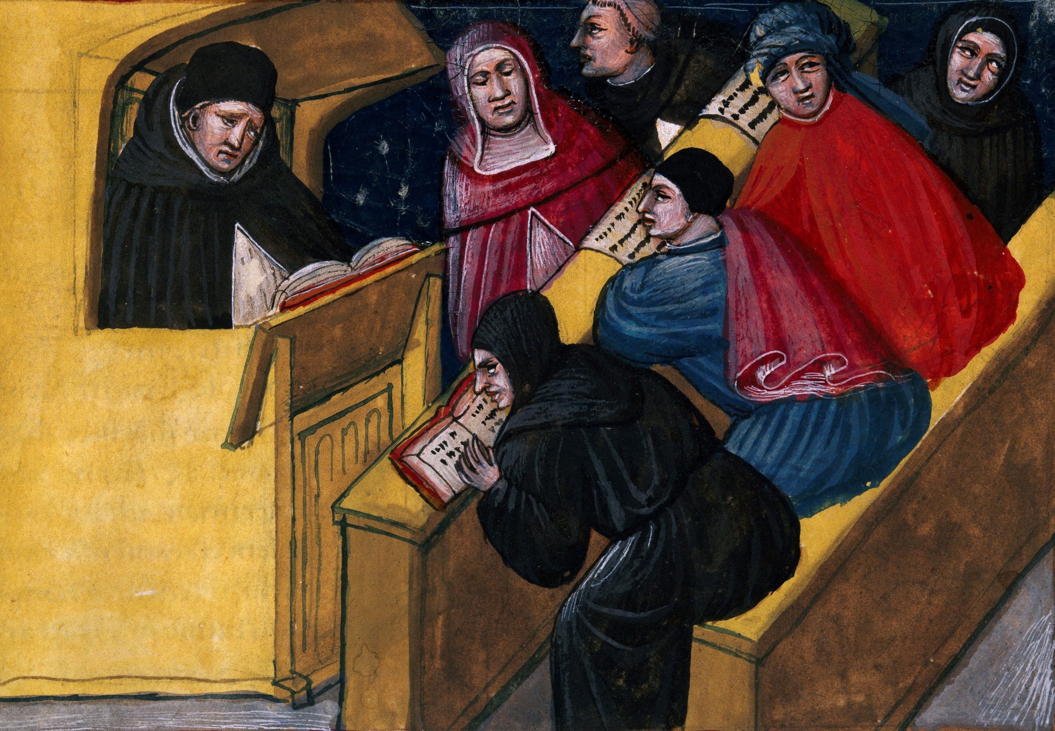 Un maître et ses disciples. Illustration tirée de la "Summa casuum conscientiae" de Bartolomeo da San Concordio, XVe siècle.