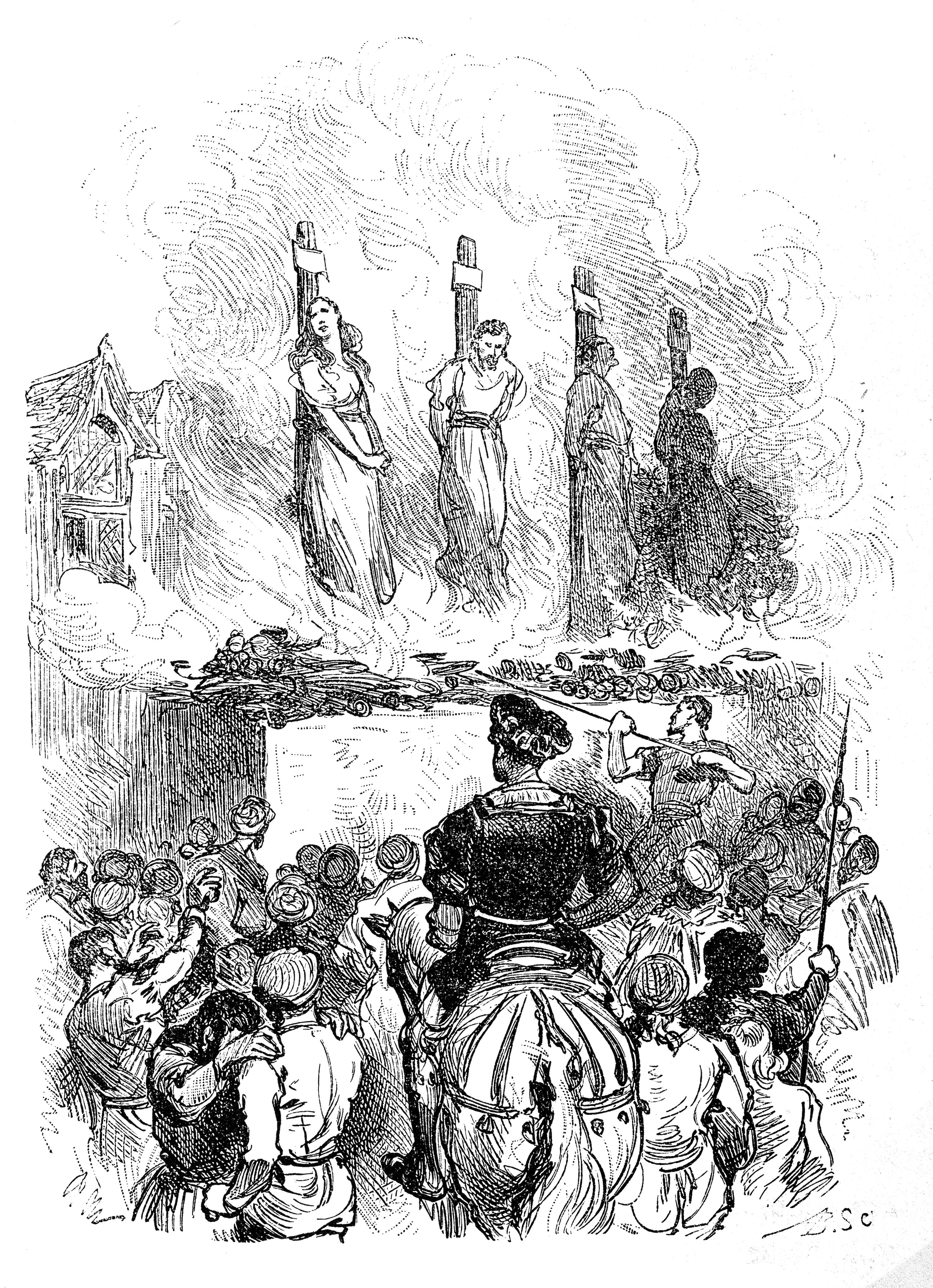 Scène médiévale : sorcières et sorciers au bûcher