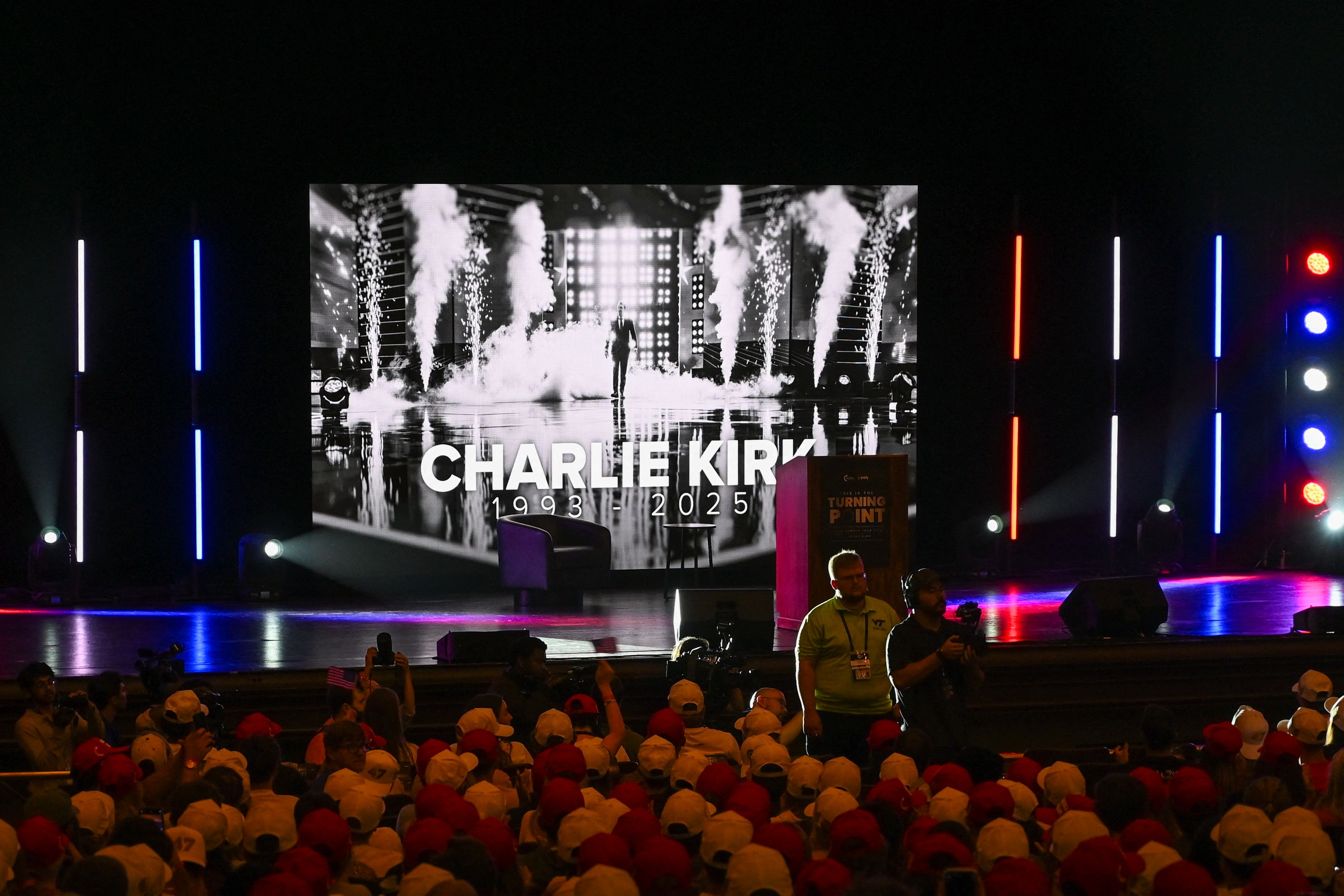 Meeting organisé par "Turning point", l'organisation de Charlie Kirk à Blacksburg, (Virginie), le 24 septembre 2025.