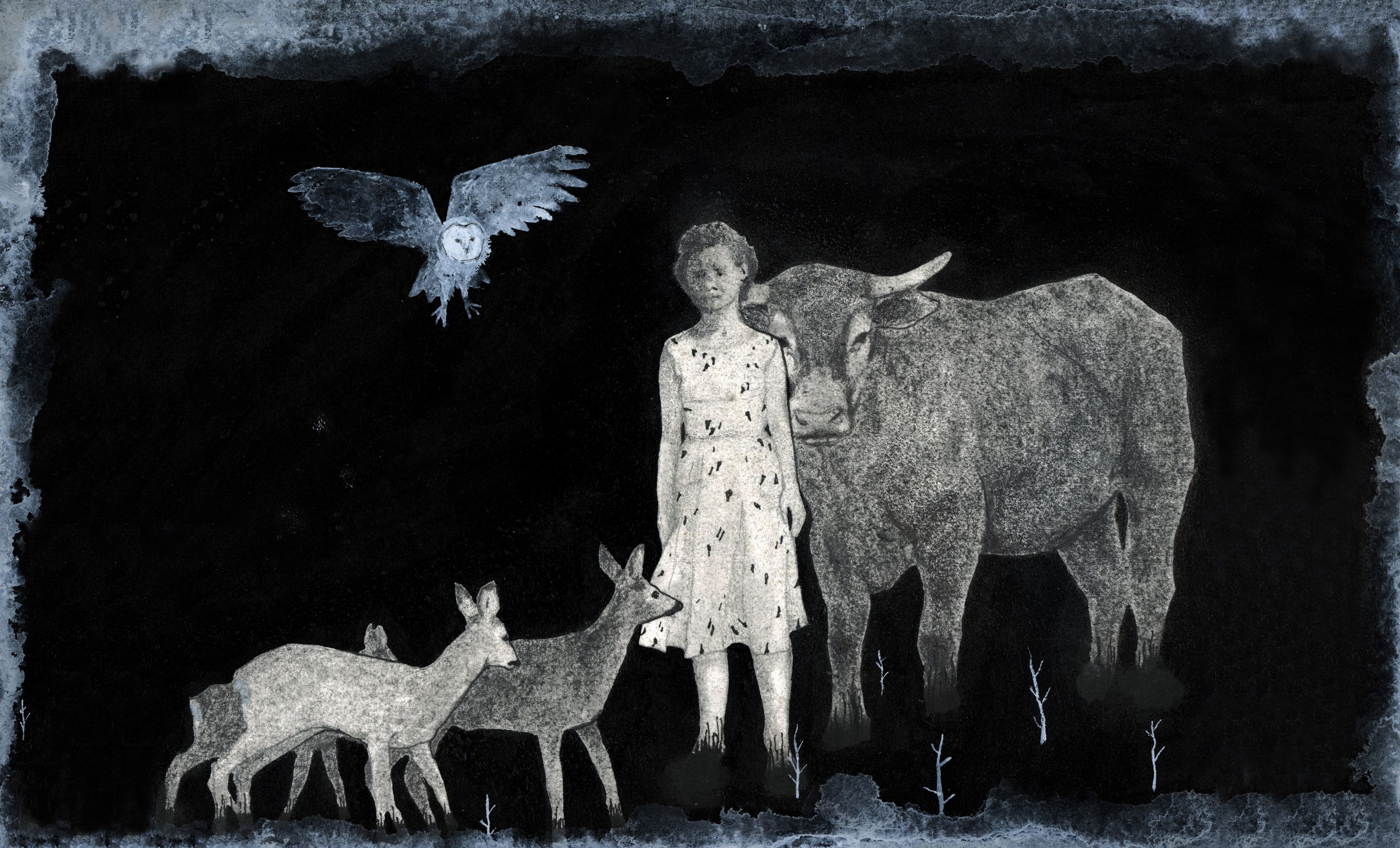 Illustration pour le documentaire « Le monde après le spécisme », crayon papier, encre de Chine et aquarelle sur papier par Anaïs Ysebaert