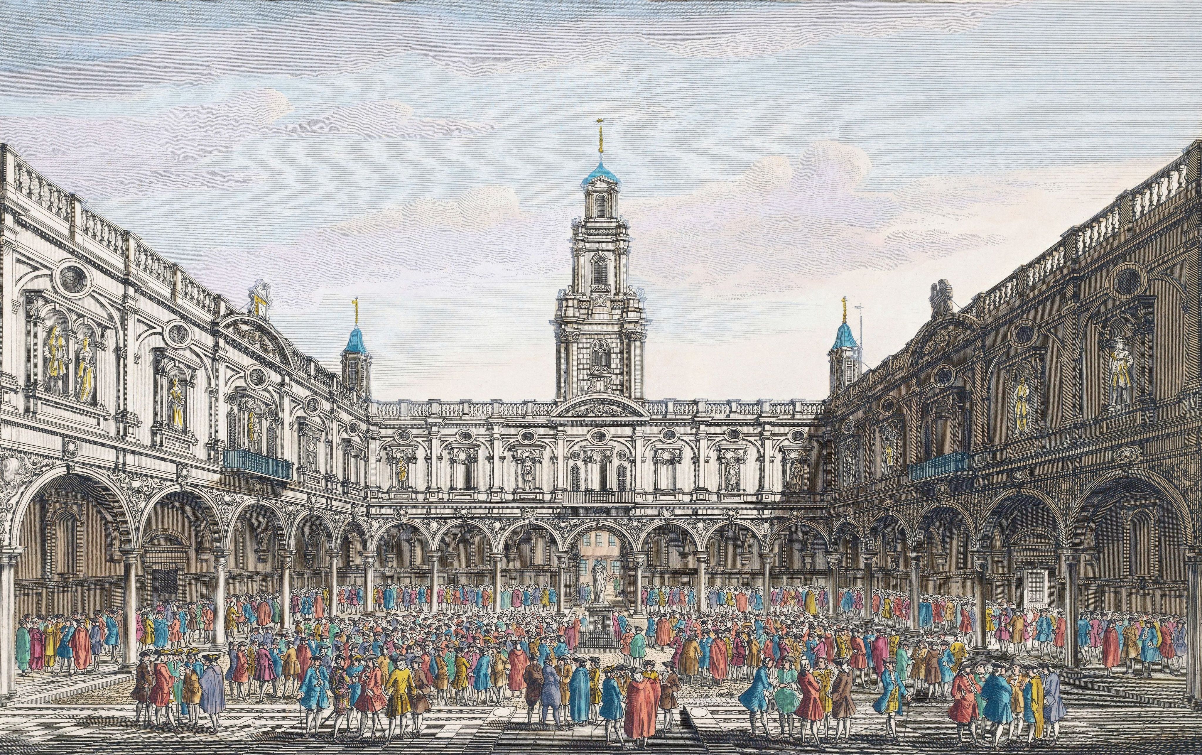 Intérieur de la Bourse royale à Londres, gravure, 1750
