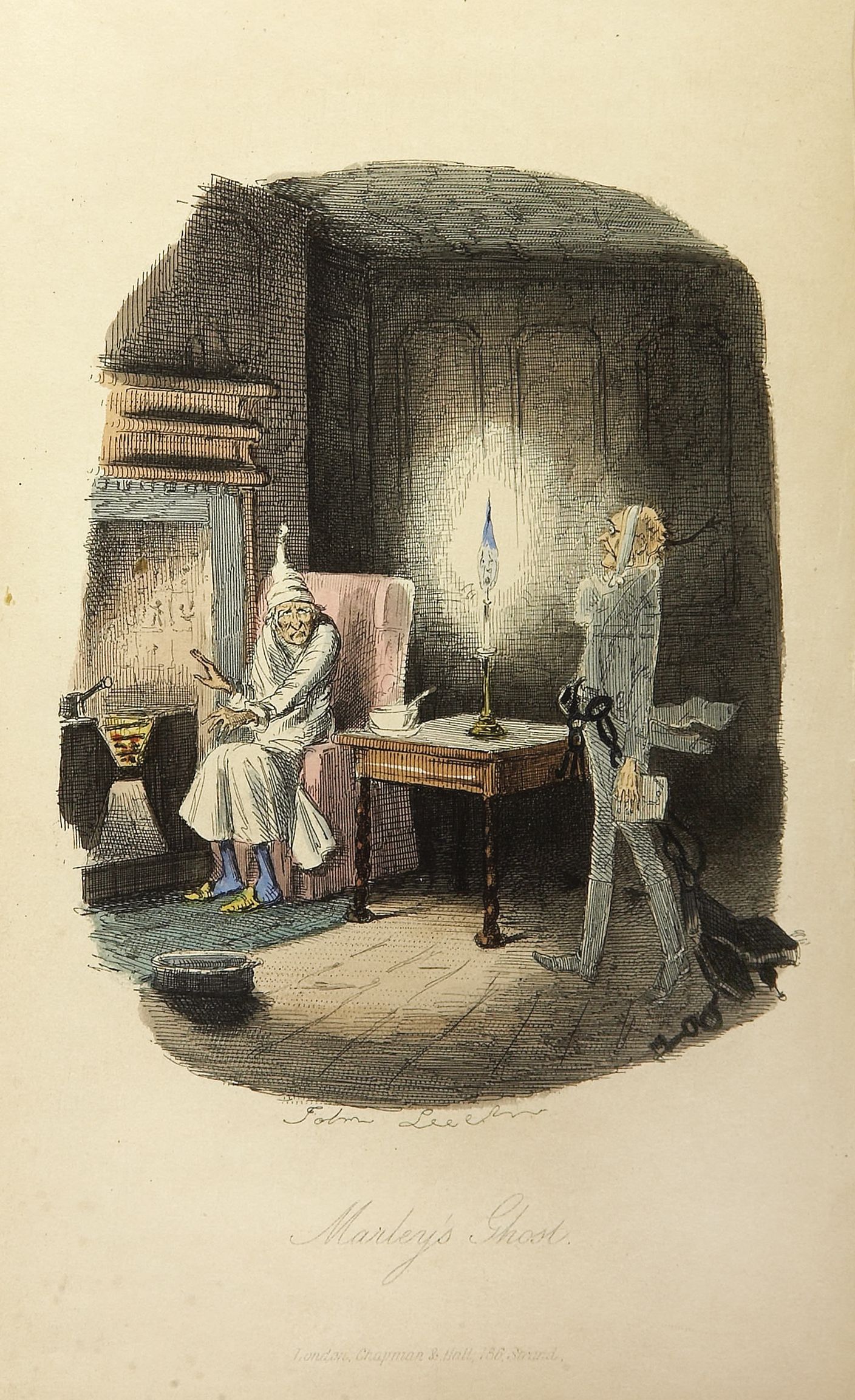 L'oncle Scrooge et le fantôme de Marley, dans "Un chant de Noël", le conte de Noël le plus célèbre de Dickens, 1843, London, Chapman et Hall