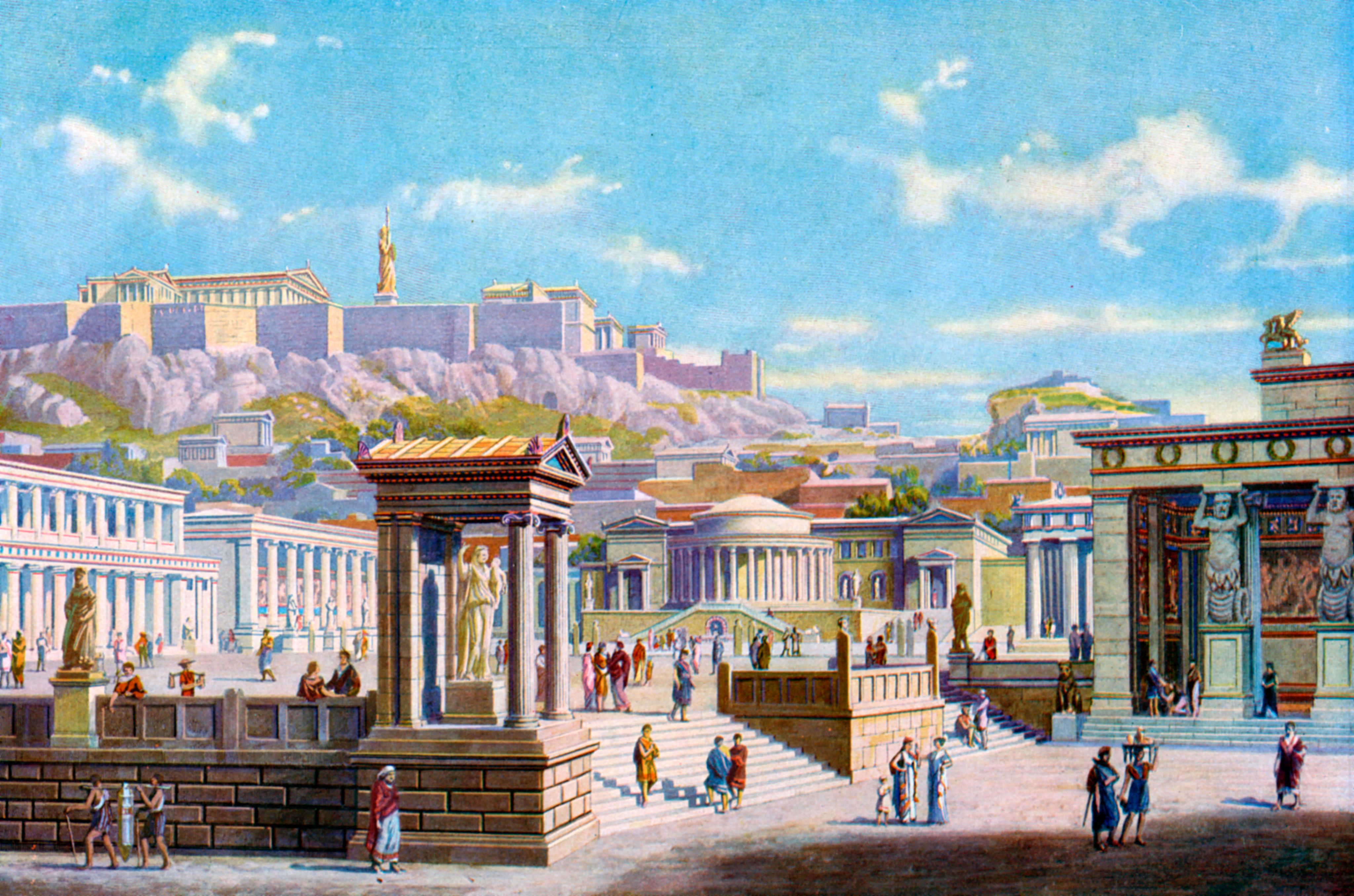 Représentation de l'agora athénienne, située sous l'Acropole (Merveilles du passé, 1934)